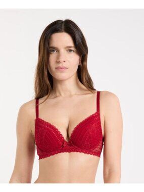 🆕ETAM Plunge Push-Up Underwire Lace Bra 34C Red